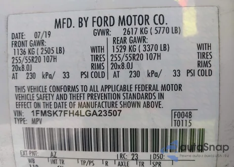 2020 Ford Explorer Limited z USA, uszkodzony, nr VIN 1FMSK7FH4LGA23507